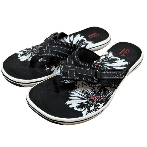 Clarks Breeze Mila Thong Sandals Adjustable White Black Comfort Slides Walking - Picture 2 of 7